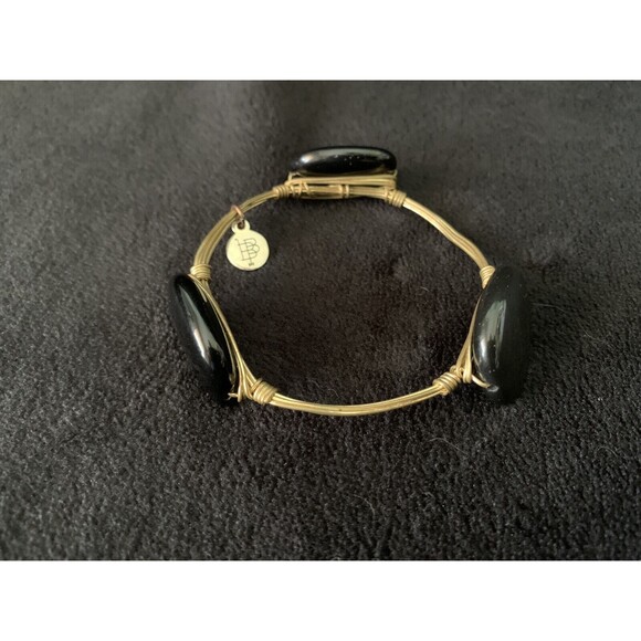 Bourbon And Boweties Large Black Goldtone Wire Wrap Bangle Bracelet 7.5" - Picture 8 of 9